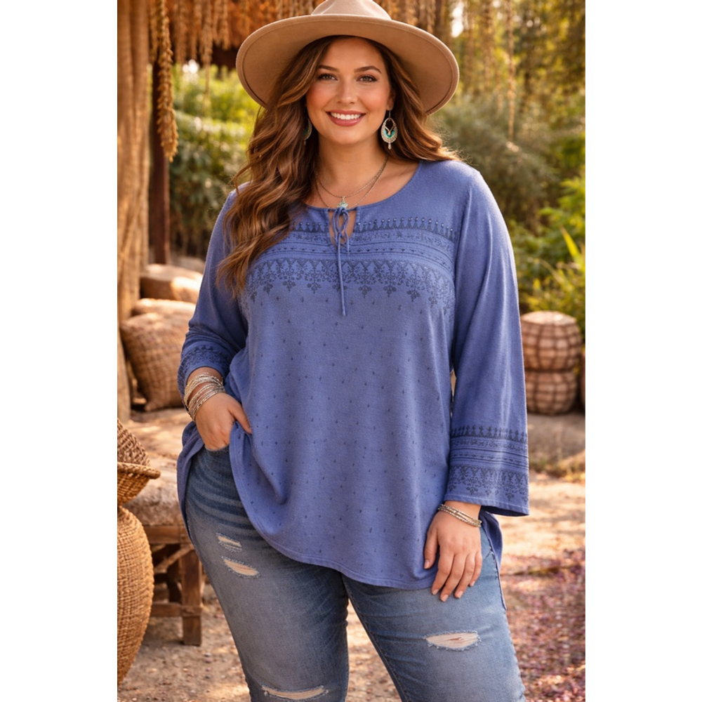 Lane Bryant Blue Boho Tunic Sweater Embroidered Lace Up 14/16